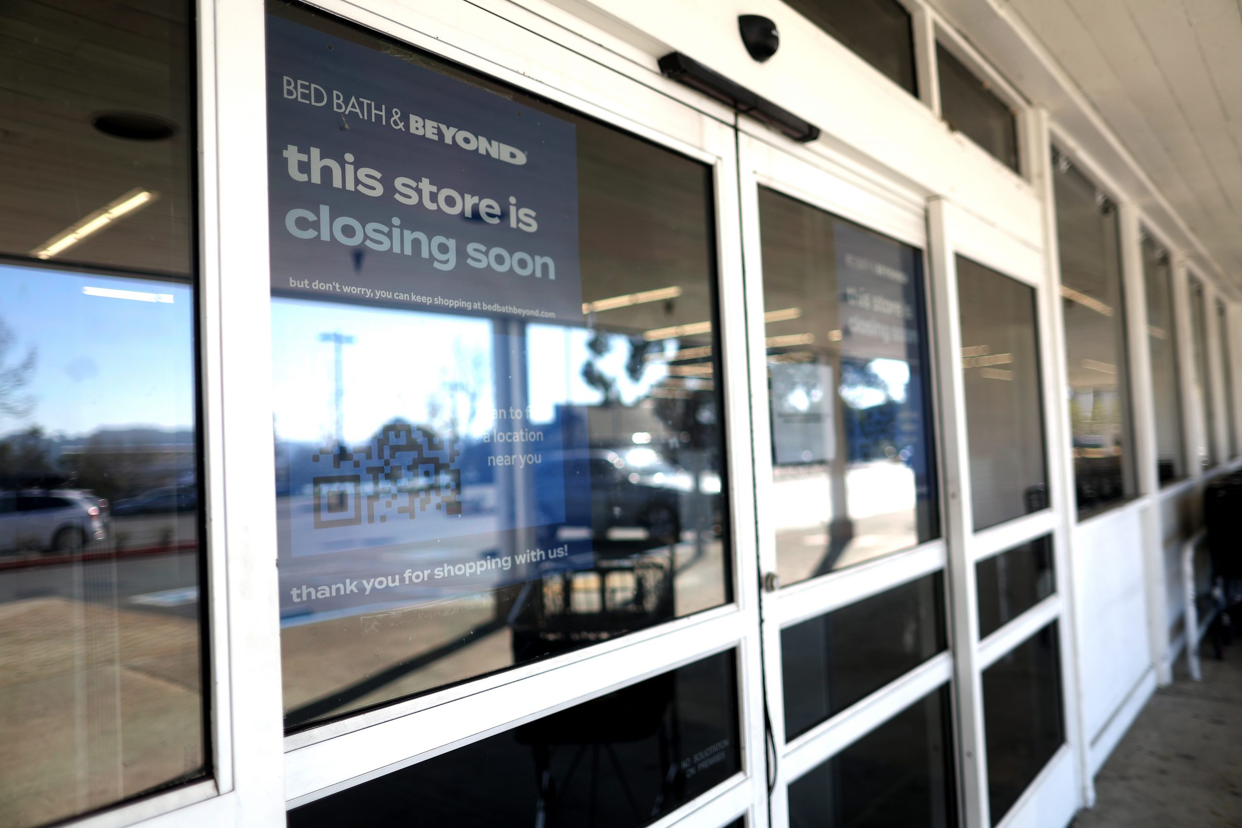 LARKSPUR, CALIFORNIA - FEBRUARY 08: A store closing sign is posted on the front door of a closed Bed Bath and Beyond store on February 08, 2023 in Larkspur, California. One week after home retailer Bed Bath and Beyond announced plans to close 87 of its stores the company added 150 stores to that list of closures in an effort to stave off bankruptcy. (Photo by Justin Sullivan/Getty Images)