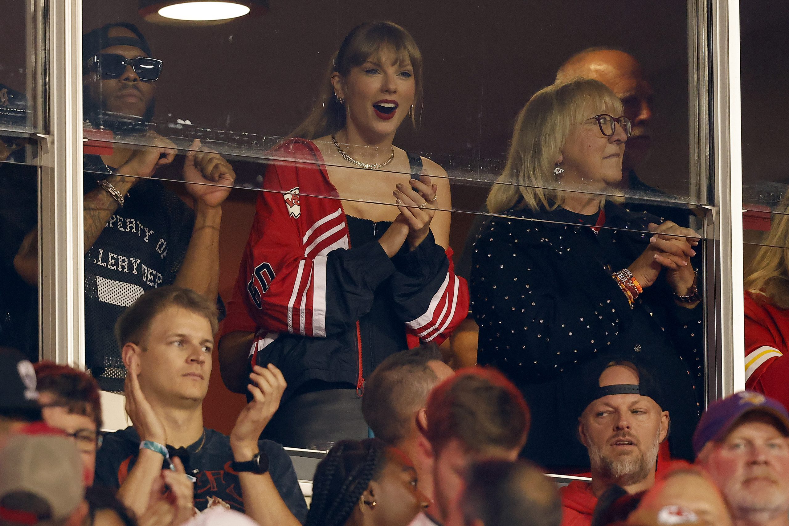 Taylor Swift and Donna Kelce cheer before the game between the Kansas City Chiefs and the Denver Broncos at GEHA Field at Arrowhead Stadium on October 12, 2023 in Kansas City, Missouri. (Photo by David Eulitt/Getty Images)